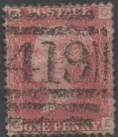 英国红便士邮票，1858-1879年第122版OE位置，金顿邮戳