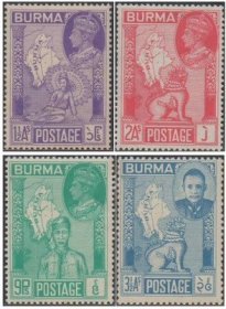 英联邦邮票，英属缅甸1946年民俗风情，地图士兵动物大象，4全