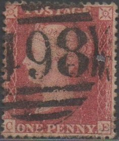 英国古典红便士邮票，1854-55年CE位置，曼彻斯特邮戳