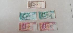 蒙古币50元，20元2张，10元2张。2000年，2005年，2007年。