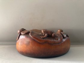 竹雕荷叶青蛙水滴 文房雅玩竹雕砚滴