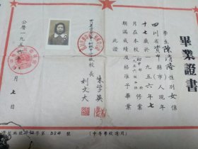 毕业证书1956 四川资中  初中毕业