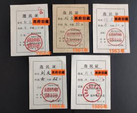 成都市西城区从1956年到1965年的选民证证4件，以及1980年成都东城区一件，合计5件，都是同一位成都女性选民的选民证，新中国民主选举的历史见证