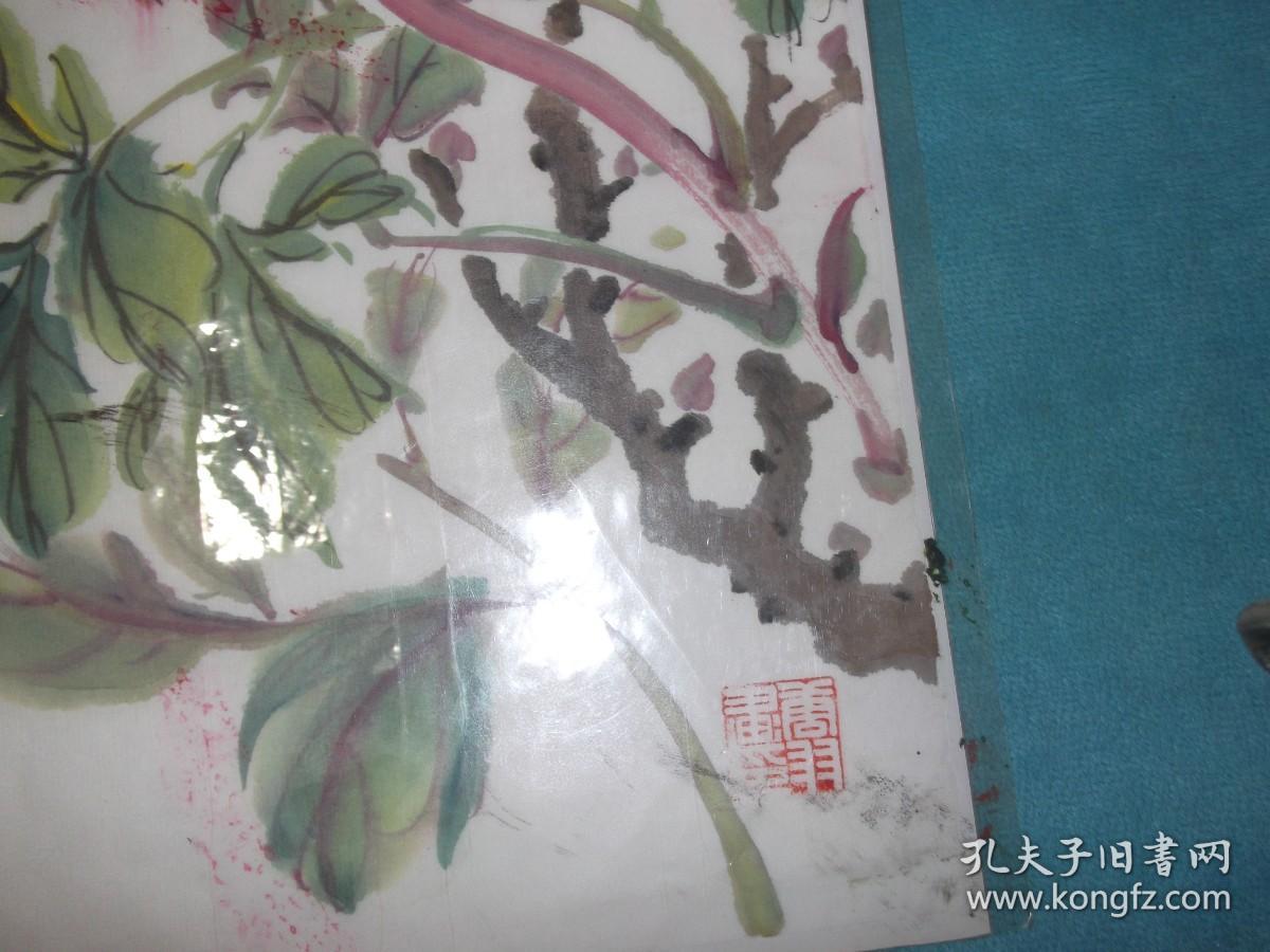 美院出来的一批国画：正面花开富贵，壬辰秋仲 著名画家 唐羽 署名，钤印；背面是花卉画，唐羽 钤印。 正背皆有”范画“标签。  应该是教师的示范，宣纸绘画。应是两幅国画，被塑封在透明塑料中，为方便学员临摹。