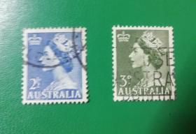 澳大利亚邮票 1953-54年 英女王伊丽莎白二世 信销票 两枚不同无水印