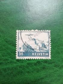 瑞士邮票1948年 航空邮票 30c 少见石板绿色 飞机飞跃少女峰 一枚信销票 斯科特目录价12.5美刀
