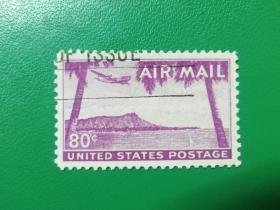 美国航空邮票 1952年 飞机飞跃夏威夷海滩 精美雕刻版上品信销票