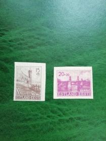德占爱沙尼亚邮票1941年城堡建筑桥梁无齿2枚新票 MLH轻贴痕