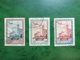 圣马力诺航空邮票 1942年飞机，古堡销票三枚不同