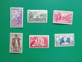 法属邮票 马提尼克 1937年 巴黎国际博览会 雕刻版 民俗6全 原胶不贴