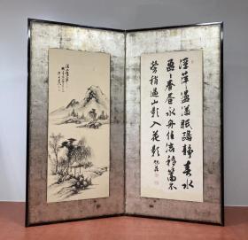 日本名家书画合璧精品二折屏风：中西耕石《溪山晴翠图》、广濑旭庄《溪山晴翠诗》（保真）