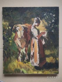 罗尔纯油画，少女与牛