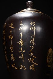 老瓷胎大漆描真金人物故事题诗罐子一对