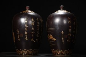 老瓷胎大漆描真金人物故事题诗罐子一对