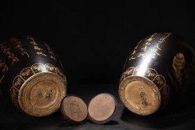 老瓷胎大漆描真金人物故事题诗罐子一对