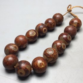 藏传三眼马蹄纹风化老天珠手链，尺寸：18.0左右