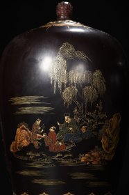 老瓷胎大漆描真金人物故事题诗罐子一对
