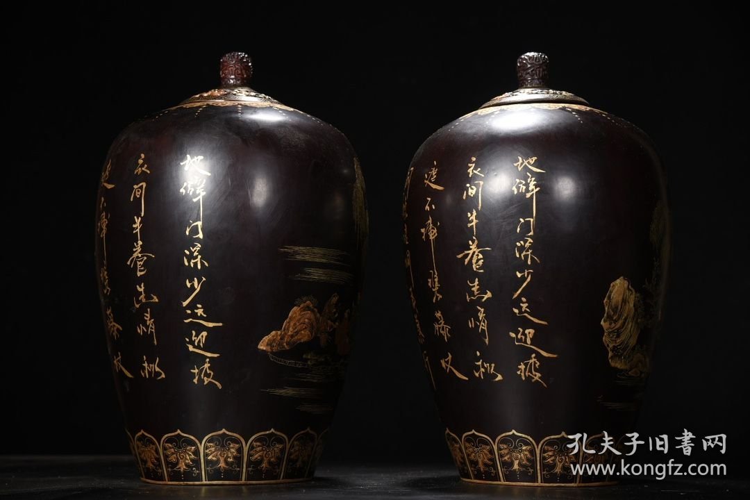老瓷胎大漆描真金人物故事题诗罐子一对