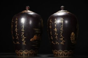 老瓷胎大漆描真金人物故事题诗罐子一对