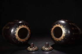 老瓷胎大漆描真金人物故事题诗罐子一对