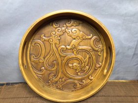 竹簧浮雕龙凤福字圆形茶盘