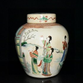 清代回流瓷五彩开片人物故事盖罐 尺寸24.5x21cm