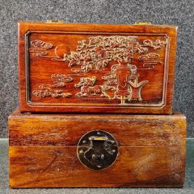 花梨木母子套盒一大一小木盒一套 手工浮雕传统无钉榫牟结构