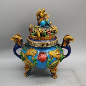 铜胎景泰蓝珐琅彩双龙耳香薰炉摆件