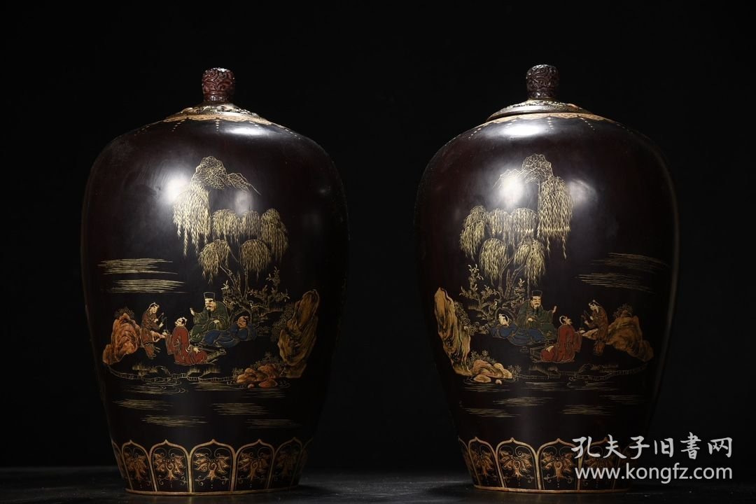 老瓷胎大漆描真金人物故事题诗罐子一对