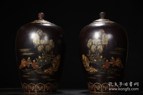 老瓷胎大漆描真金人物故事题诗罐子一对