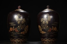 老瓷胎大漆描真金人物故事题诗罐子一对