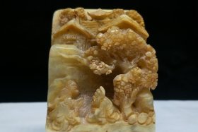 珍品艾叶黄绿寿山石印章 高浮雕松下老人印章摆件 重量873g