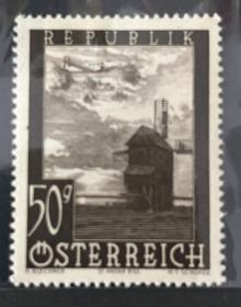 奥地利航空邮票1947年 飞机 教堂 建筑 风光 雕刻版 1枚