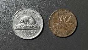 1972年加拿大5分硬币海狸鼠（送1枚1分的）