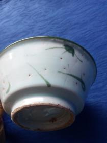 明代德化窑粉彩手绘兰花花卉纹绿釉瓷碗一对古代民俗生活老物件家庭陈设橱窗会所展示