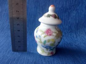 建国后创汇期回流精品景德镇粉彩手绘花鸟动物微型将军罐文房摆件 小品大样