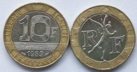 古钱币，老钱币，自由天使 火炬 法国1988-2001年10法郎双金属硬币 23mm 双色钱币， 硬币收藏，非常稀有难得，意义深远，可谓古钱币收藏的珍品，孤品，神品