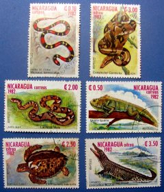 蟒蛇及鳄鱼等6种凶猛动物--尼加拉瓜--尼加拉瓜邮票--早期外国邮票甩卖--实拍--包真