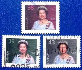 女王彩色照3张--加拿大邮票--早期外国邮票甩卖--实拍--包真，