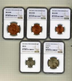 闲山集推荐有收藏价值的硬币——意属索马里1950年大象头1、5、10便士铜币、50便士银币和1So银币五枚一套  NGC评级MS63-64（永久保真）