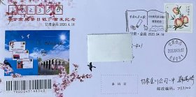 《甘肃风景日戳》首发纪念封，贴《桃》邮票，盖2020年4月18日甘肃金昌龙首营业日戳和《甘肃风景日戳》首发纪念纪戳实寄。