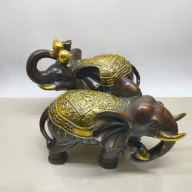 鎏金“福、财”铜象   一对  吉祥铜摆件  重约3.45公斤