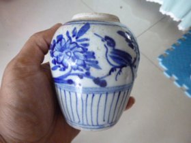 晚清花鸟清香手把青花灌全品，品相完好，无磕无冲，直径8.8cm，高11cm，包老包真。