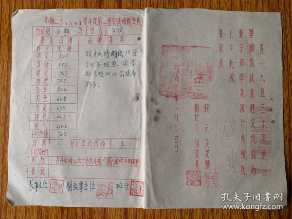 1953年开平县6区中庙一小成绩报告书。4张。纸有损，尺寸、品相见图。