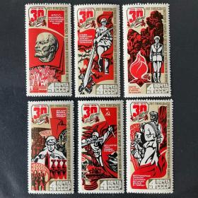 外国早期邮品保真【苏联邮票1975年 列宁 二战 卫国战争胜利30周年6全 编号4450全新】
