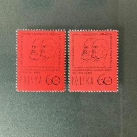 外国早期邮品保真【波兰邮票1965年 北京邮电部长会议列宁马克思 2枚 全新 颜色不同】