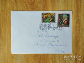 外国早期邮品终身保真【奥地利1988年圣诞节绘画实寄封】珍品2102-13