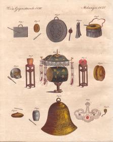 稀缺， 约1800年出版的原始手工彩色铜版画—中国音乐乐器。 纸张尺寸约为19cm x24cm