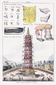 稀缺， 约1840年出版的手工彩色石版画—南京中华瓷塔。 纸张尺寸约为27cm x19  cm