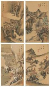 四季景山画幅   Mountains of the Four Seasons Tanomura Chokunyu (1814–1907) Color on silk, four hanging scrolls, a note of authentication by Tajika Chikuson (1864-1922) on box